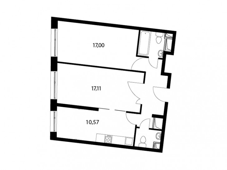 Двухкомнатная квартира 57.9 м²