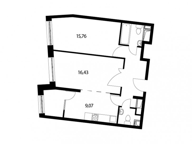 Двухкомнатная квартира 57.6 м²