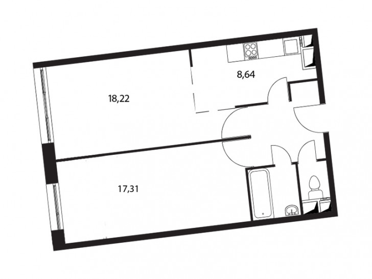 Двухкомнатная квартира 55.9 м²