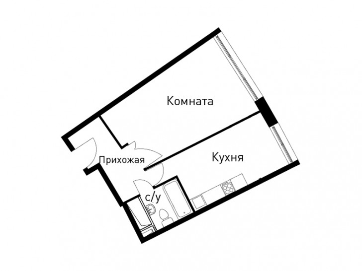 Однокомнатная квартира 43.9 м²