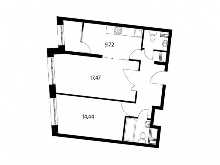 Двухкомнатная квартира 57.2 м²