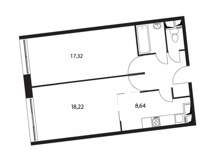 Двухкомнатная квартира 55.6 м²