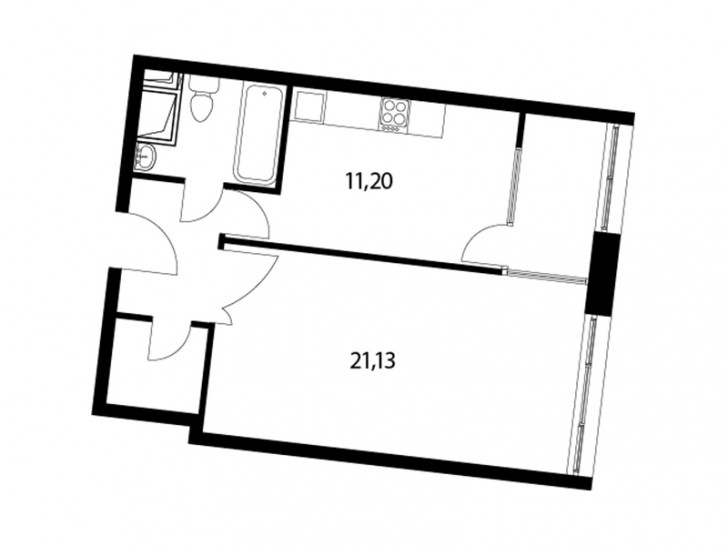 Однокомнатная квартира 45.6 м²